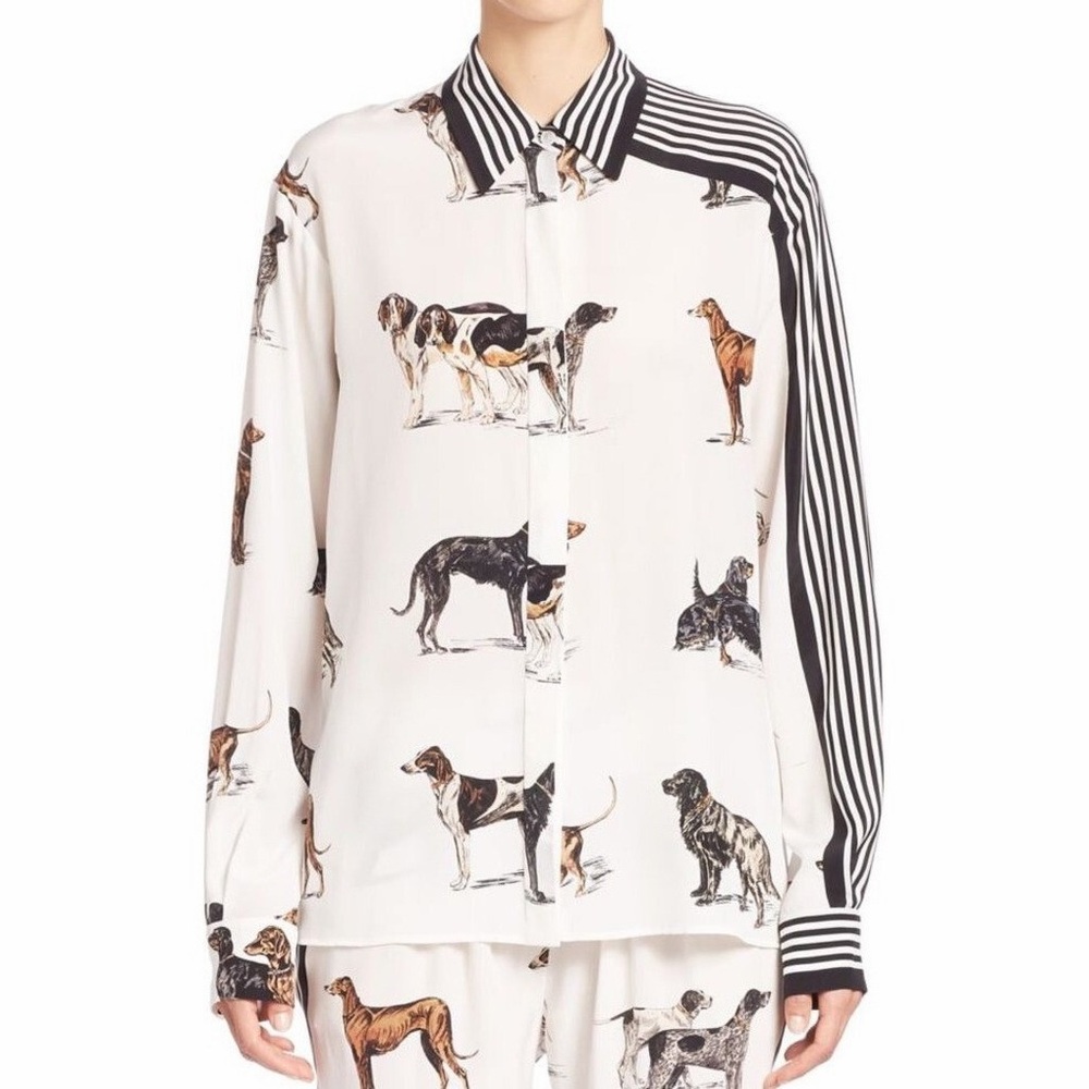 Stella McCartney Dog Stripe Print Silk Shirt Top Canine White Black IT 34
